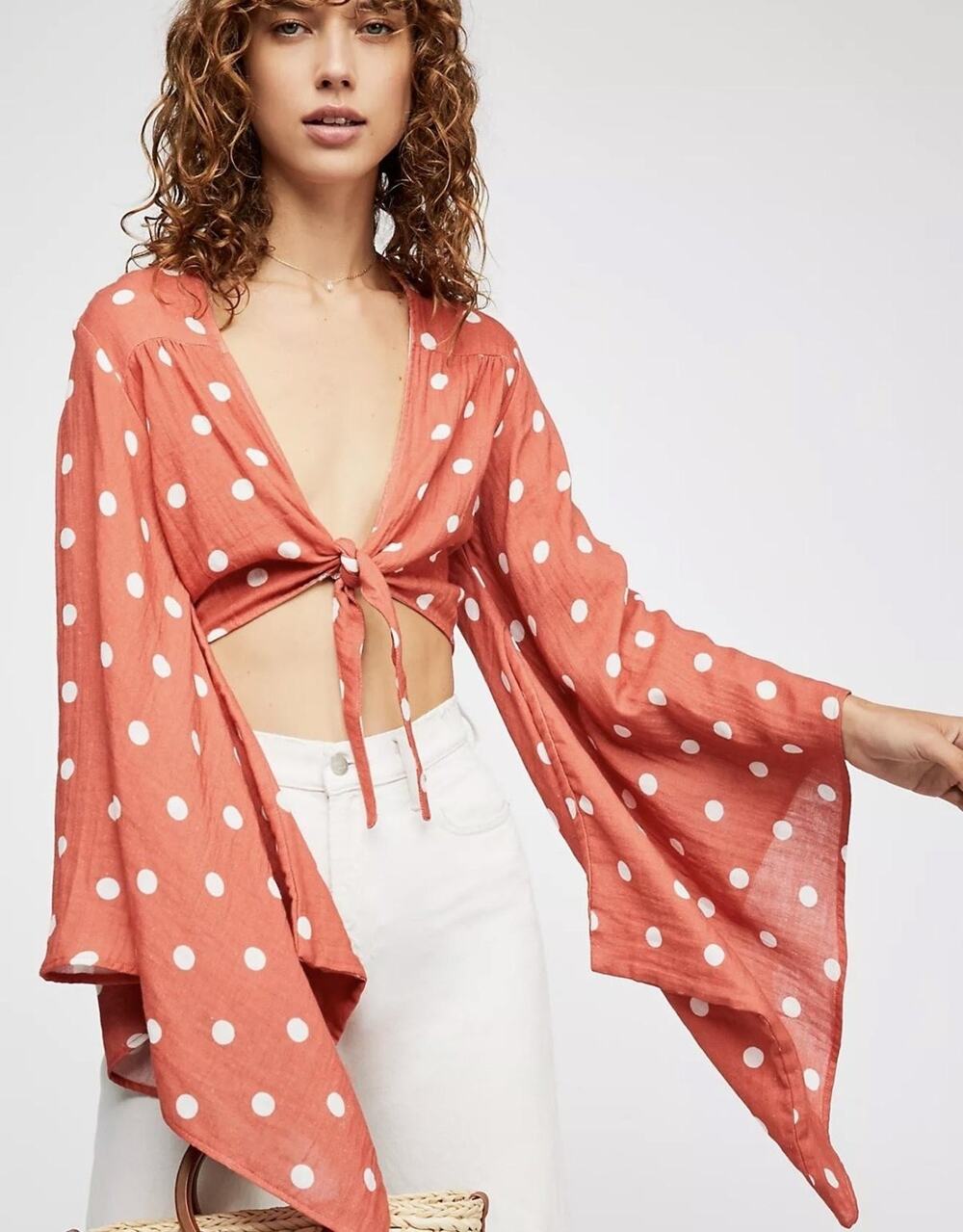 Jen's Pirate Booty Blouse Womens Small Polka Dot Kimono Sleeve Tie Front Top